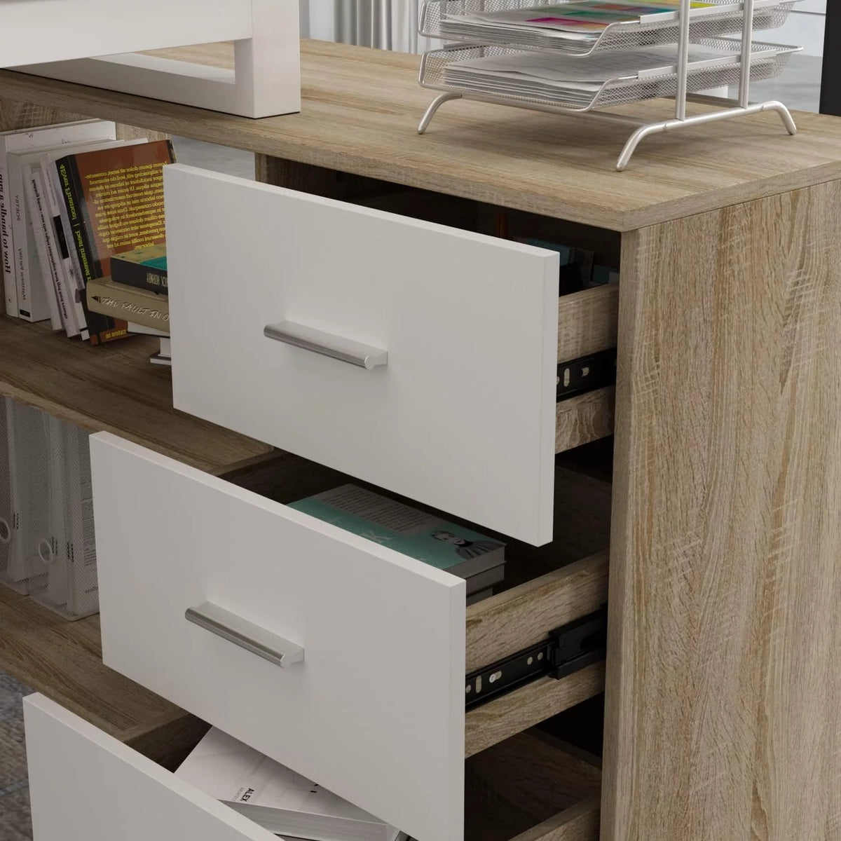 55 Inch L-Shaped Corner Desk with 3 Drawers and 2 Shelves, Walnut and White O511239