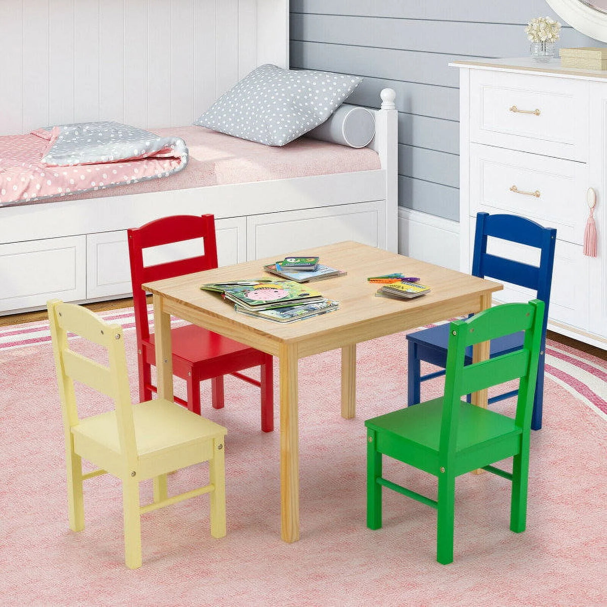 Kids 5 Pieces Wooden Table and Chair Set W47932