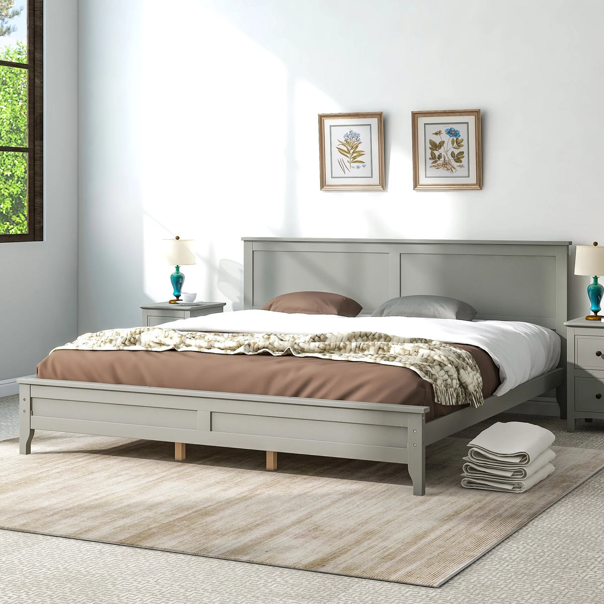 King Size Grey Solid Wood Platform Bed Frame with Headboard X130589