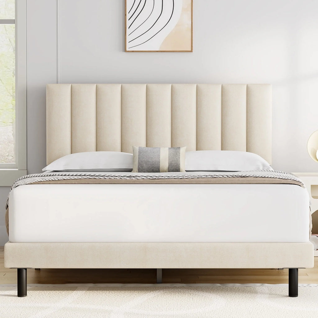 Full Platform Bed Frame with Upholstered Headboard, Beige T842126