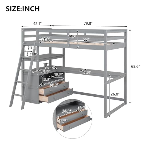 Twin Size White Solid Wood Loft Bed with Wardrobe, Desk and Shelves D202