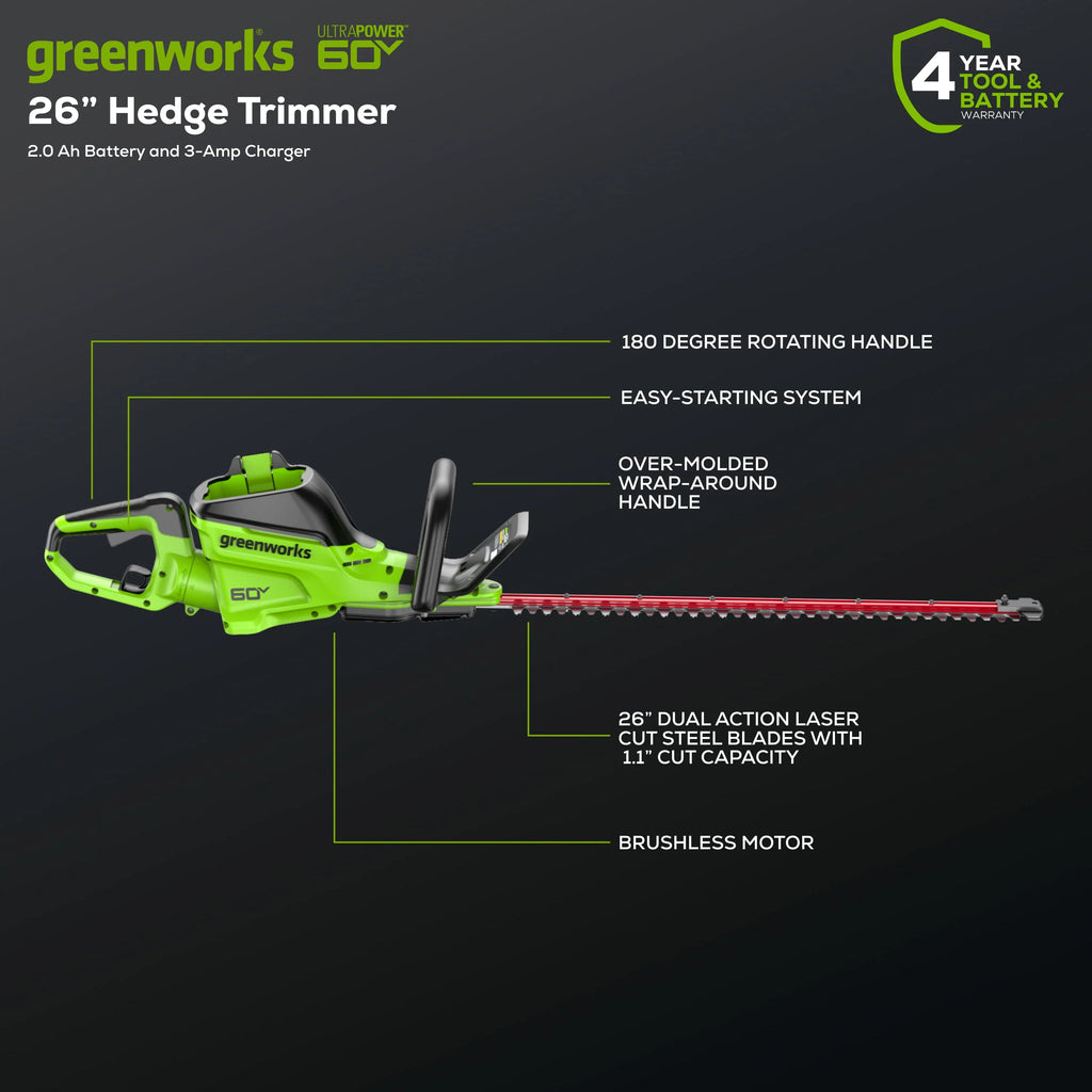 60V 26 Hedge Trimmer with 2.0 Ah Battery & 3 Amp Charger X319