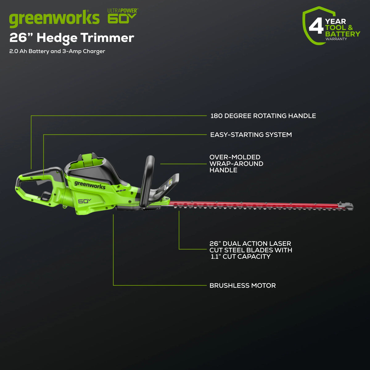 60V 26 Hedge Trimmer with 2.0 Ah Battery & 3 Amp Charger X319