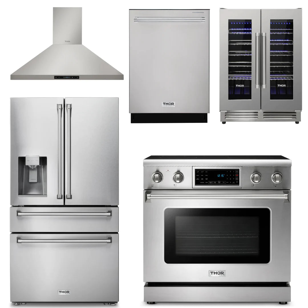 36 Electric Range, Range Hood, Refrigerator with Water and Ice Dispenser, Dishwasher, Wine Cooler T986