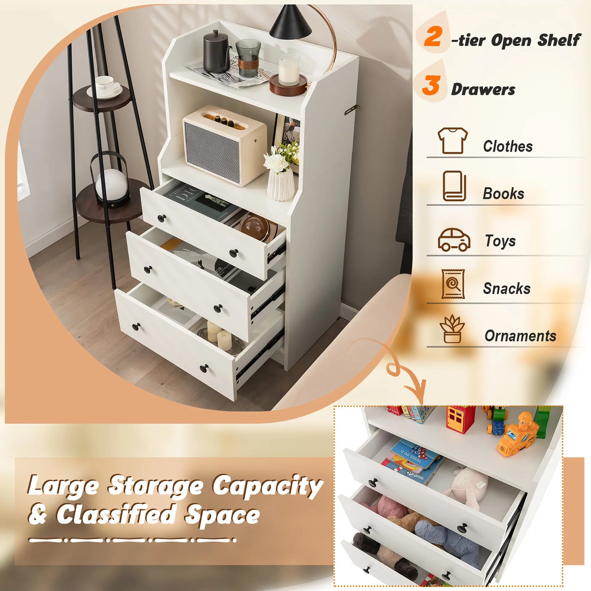 White 3 Drawer Wood Dresser with 2 Open Shelves B952