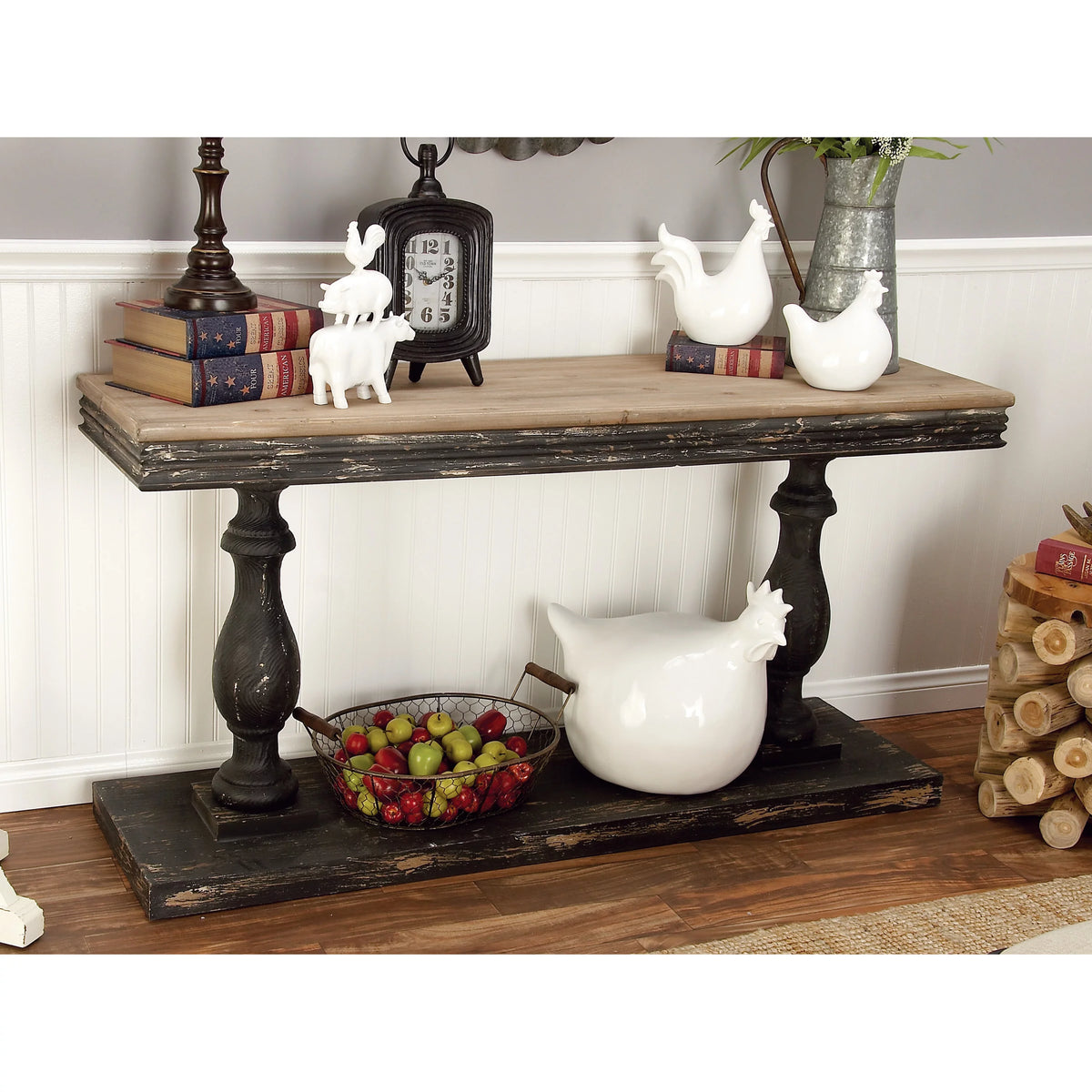 Black Wood Distressed Console Table with Brown Wood Top P8030