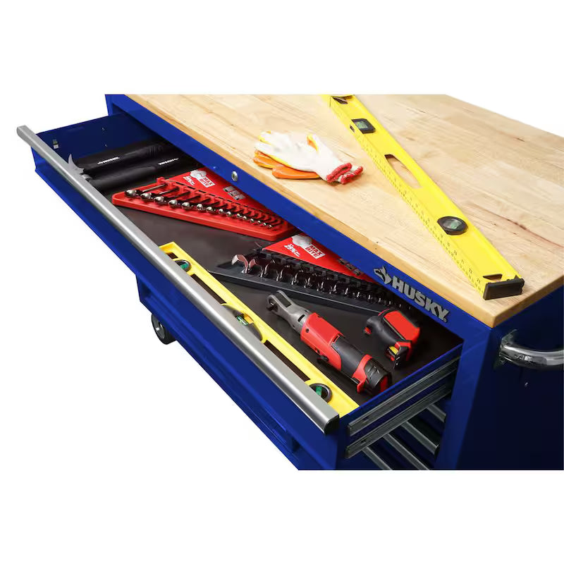 9-Drawer Mobile Workbench Cabinet with Solid Wood Top in Gloss Blue P579