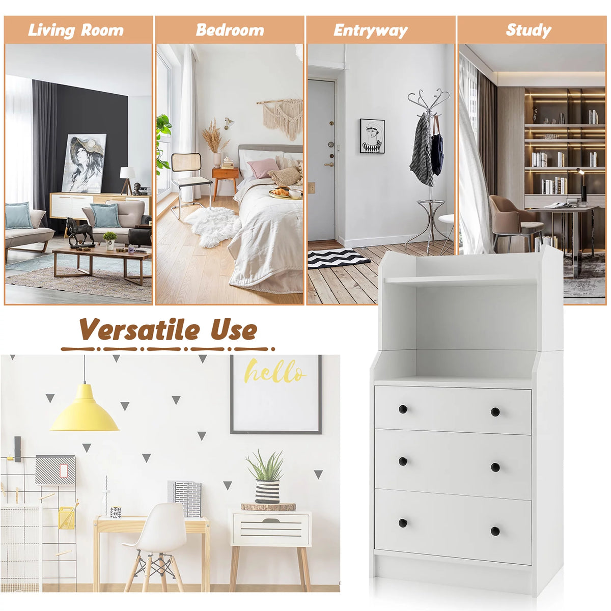 White 3 Drawer Wood Dresser with 2 Open Shelves B952