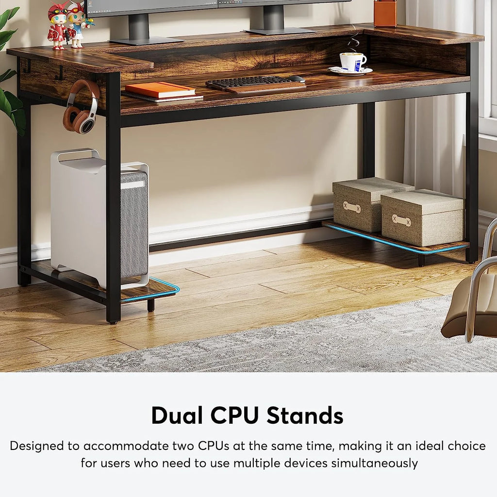 Black Rustic Brown Computer Desk with Monitor Stand W4477