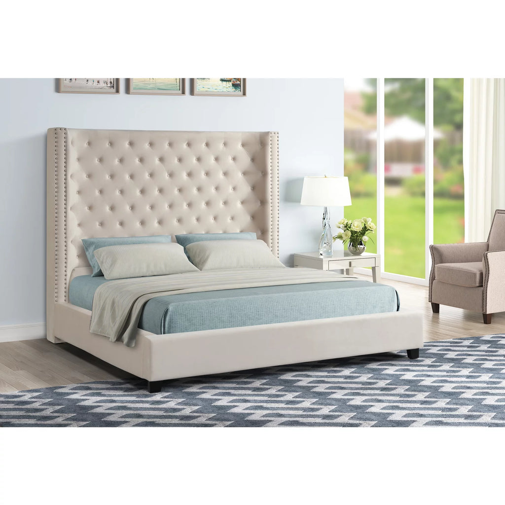 Velvet Upholstered Queen Platform Bed Beige F58639