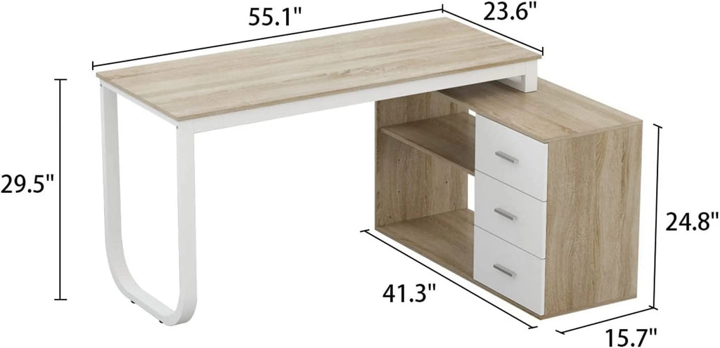 55 Inch L-Shaped Corner Desk with 3 Drawers and 2 Shelves, Walnut and White O511239