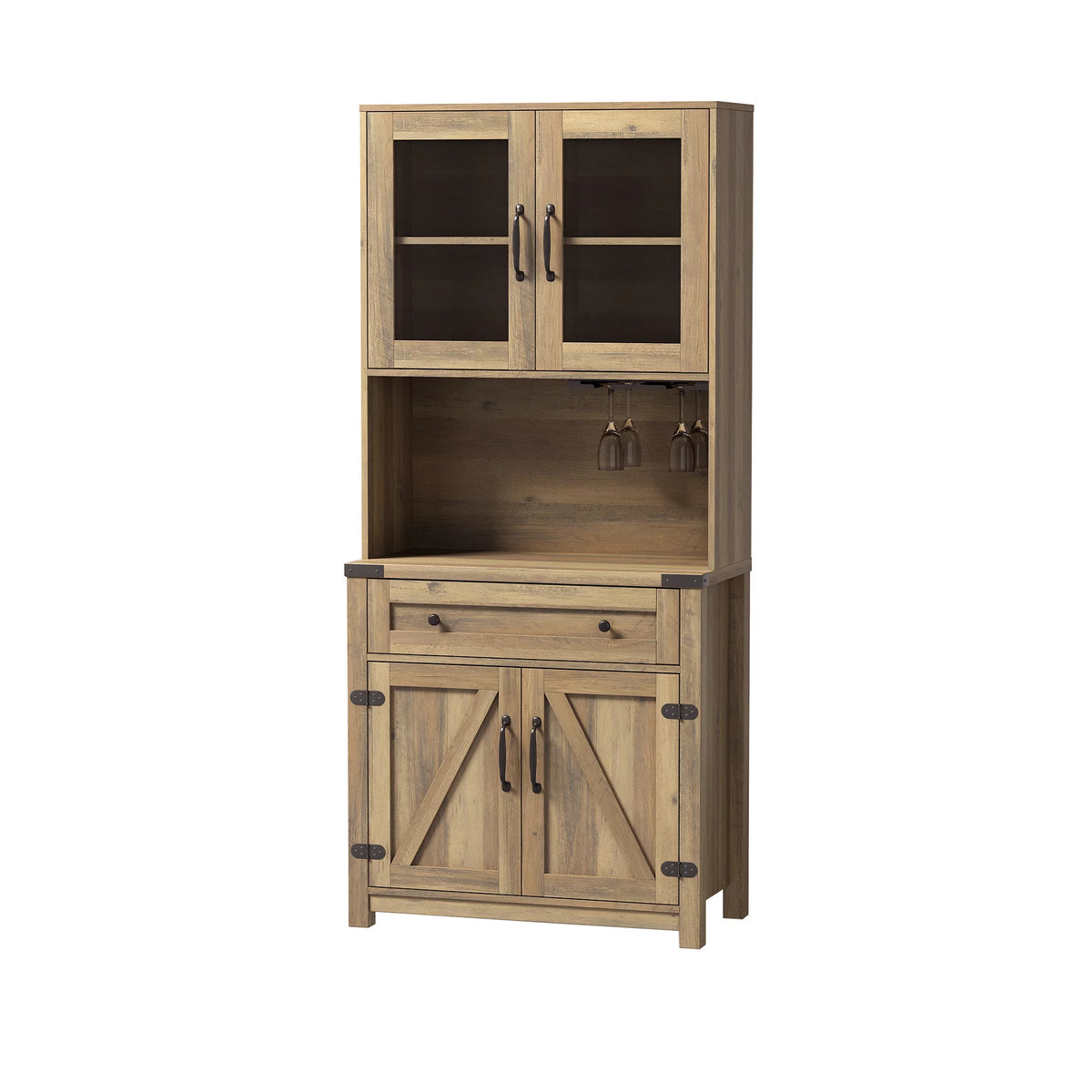 Farmhouse Kitchen Hutch Storage Cabinet with Glass Rack, Drawers, Adjustable Shelves S518334