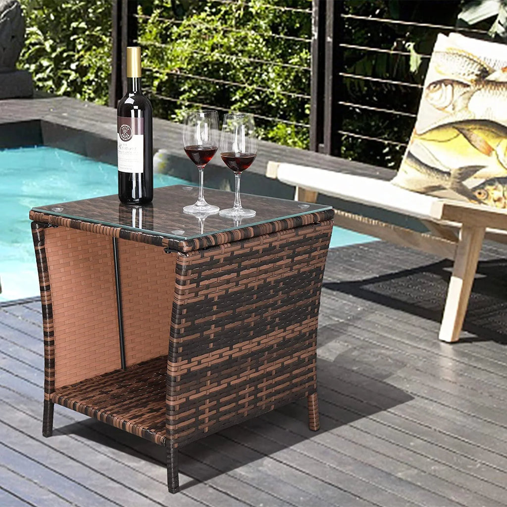 Rattan Side Table with Glass Top Storage E622