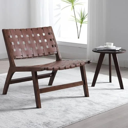Set of 2 Woven Leather Mid Century Modern Accent Chair with Wood Frame F983392