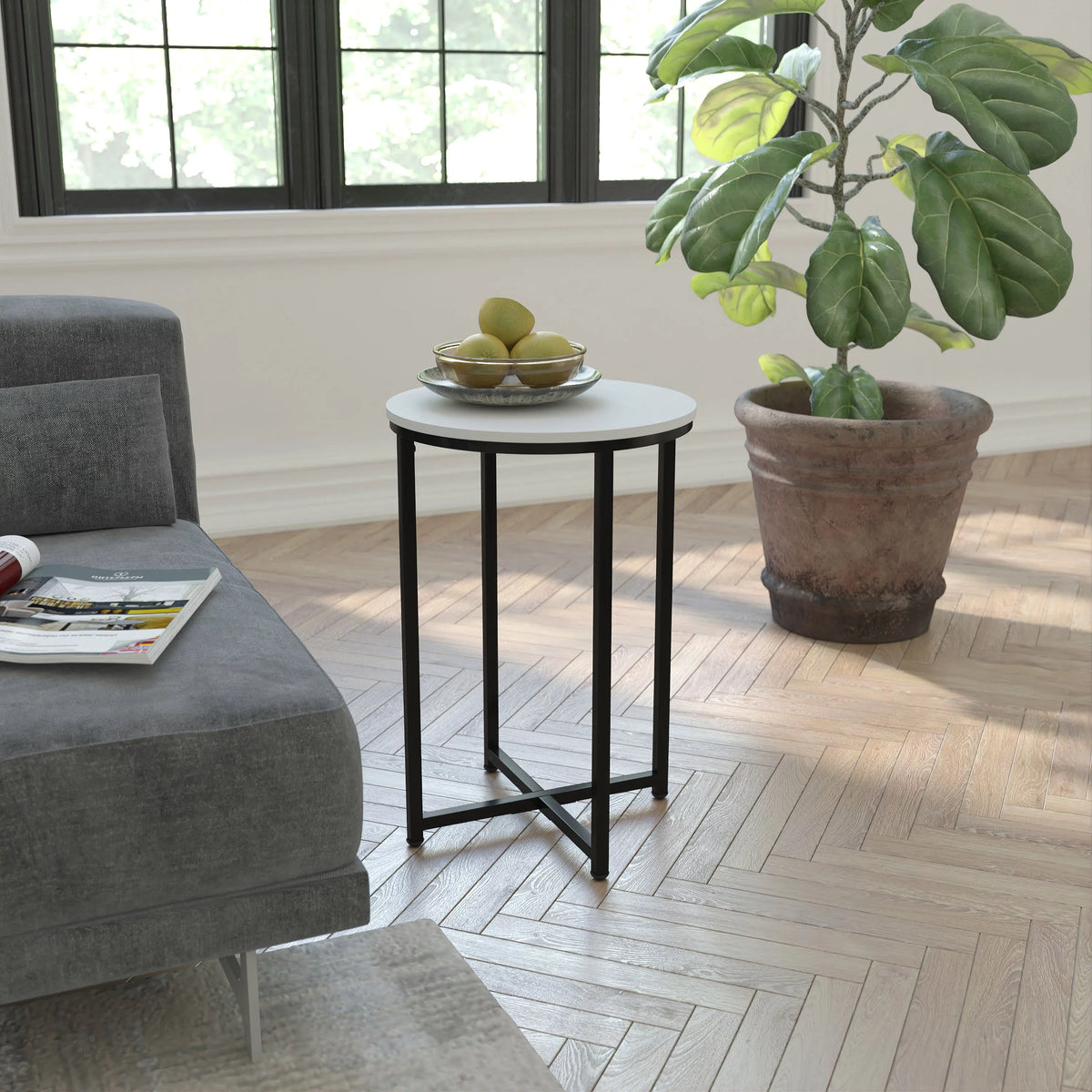 Modern End Table with Black Metal Frame and White Laminate Top L2478