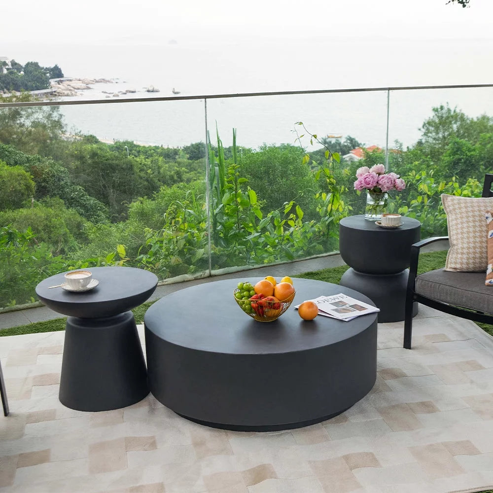 Slate Black Round Coffee Table End Table Set of 3 T51949