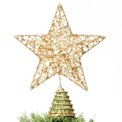 8 inch Gold Glitter Star Tree Topper Metal Lighted with 20 LED Lights W3581