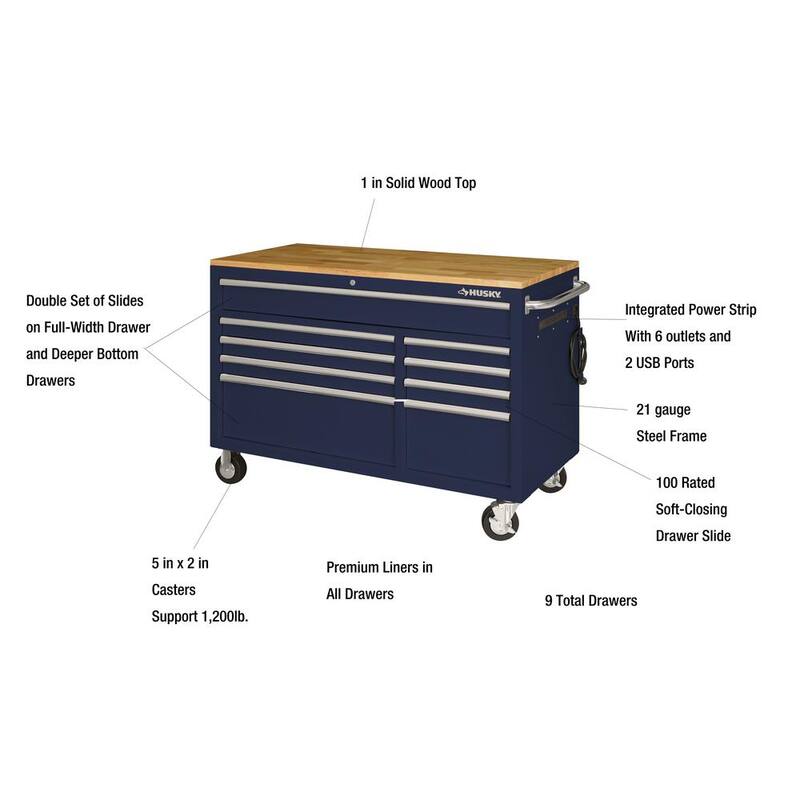 9-Drawer Mobile Workbench Cabinet with Solid Wood Top in Gloss Blue P579