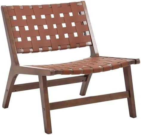 Set of 2 Woven Leather Mid Century Modern Accent Chair with Wood Frame F983392