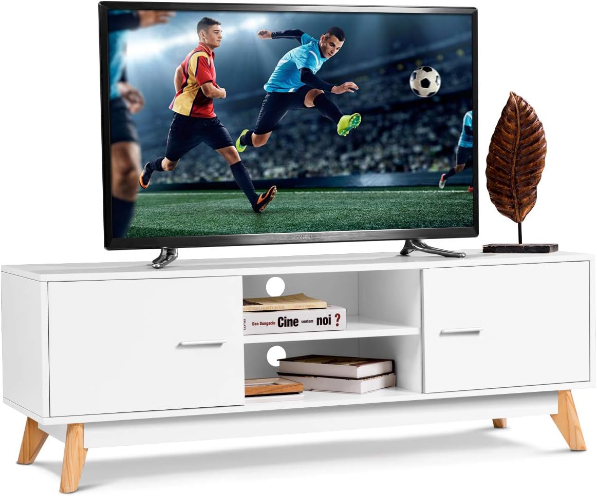 White Wooden TV Stand with 2 Storage Cabinets & 2 Open Shelves N9775