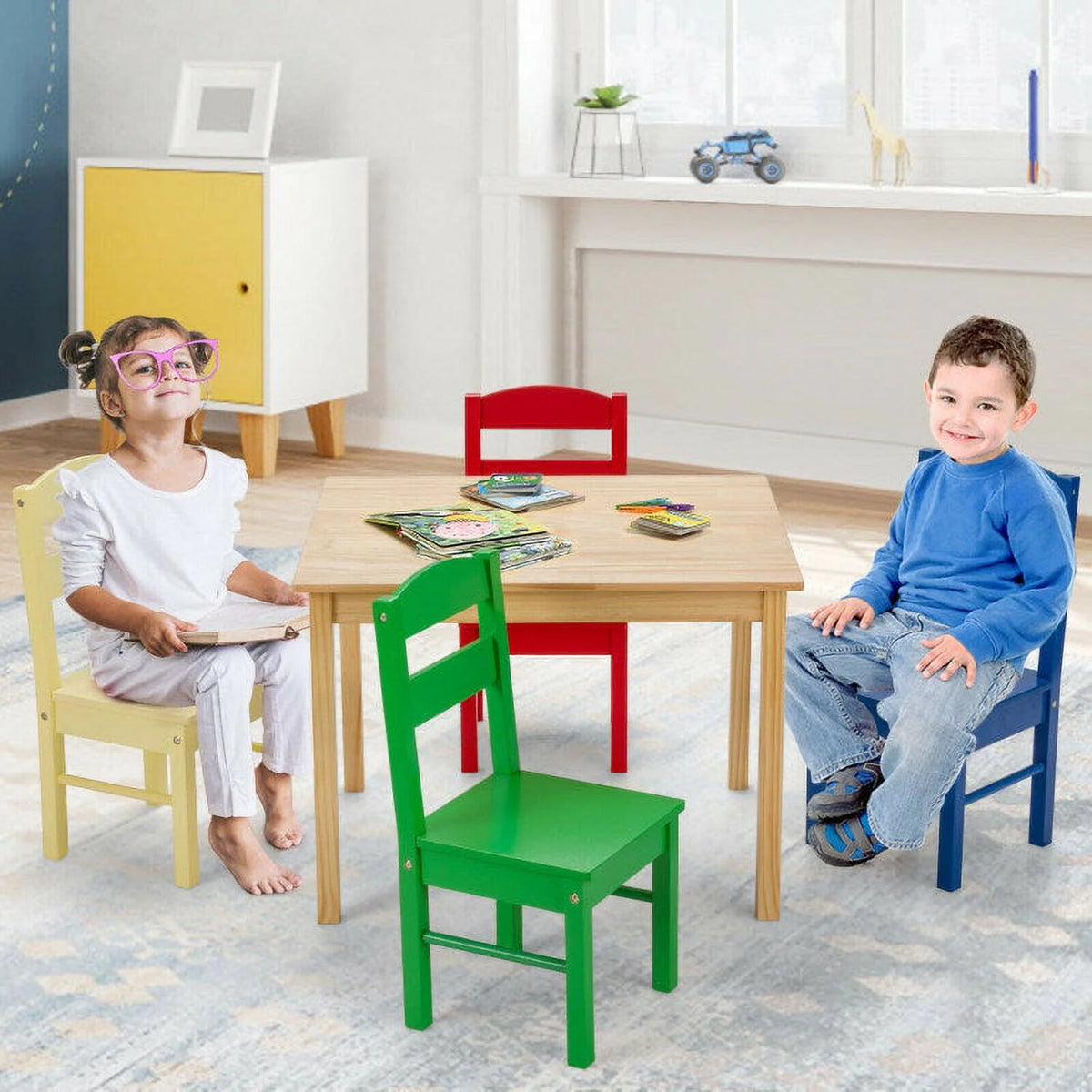 Kids 5 Pieces Wooden Table and Chair Set W47932