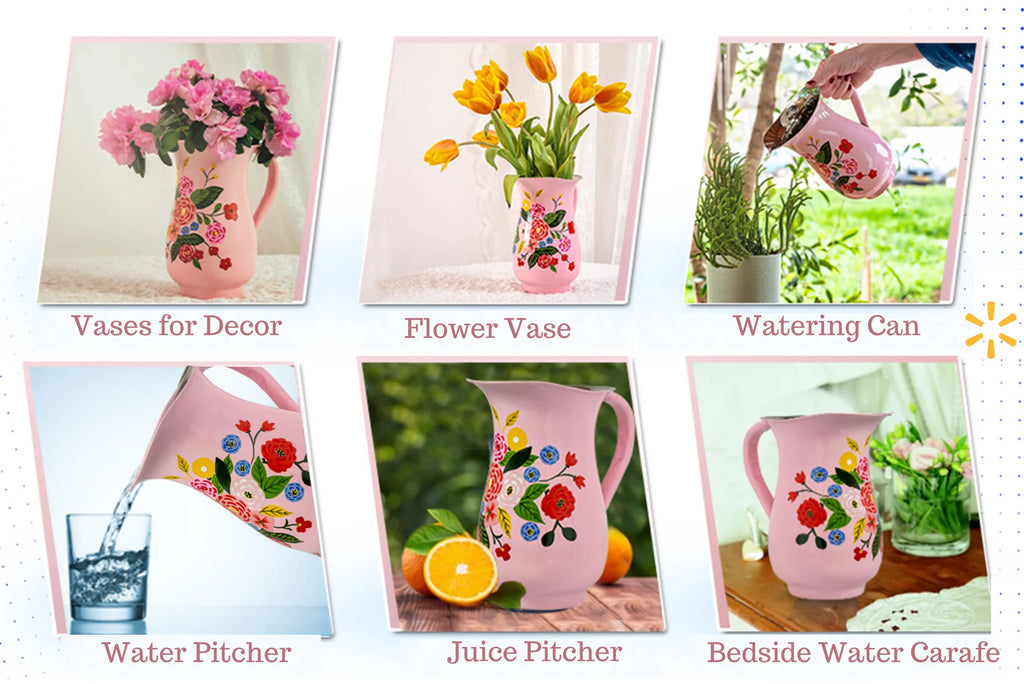 Hand-Painted Floral Stainless Steel Pink Water Pitcher E78158