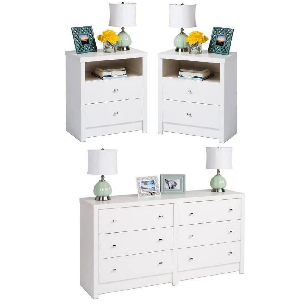 White 6-Drawer Dresser and 2 Nightstands W3431