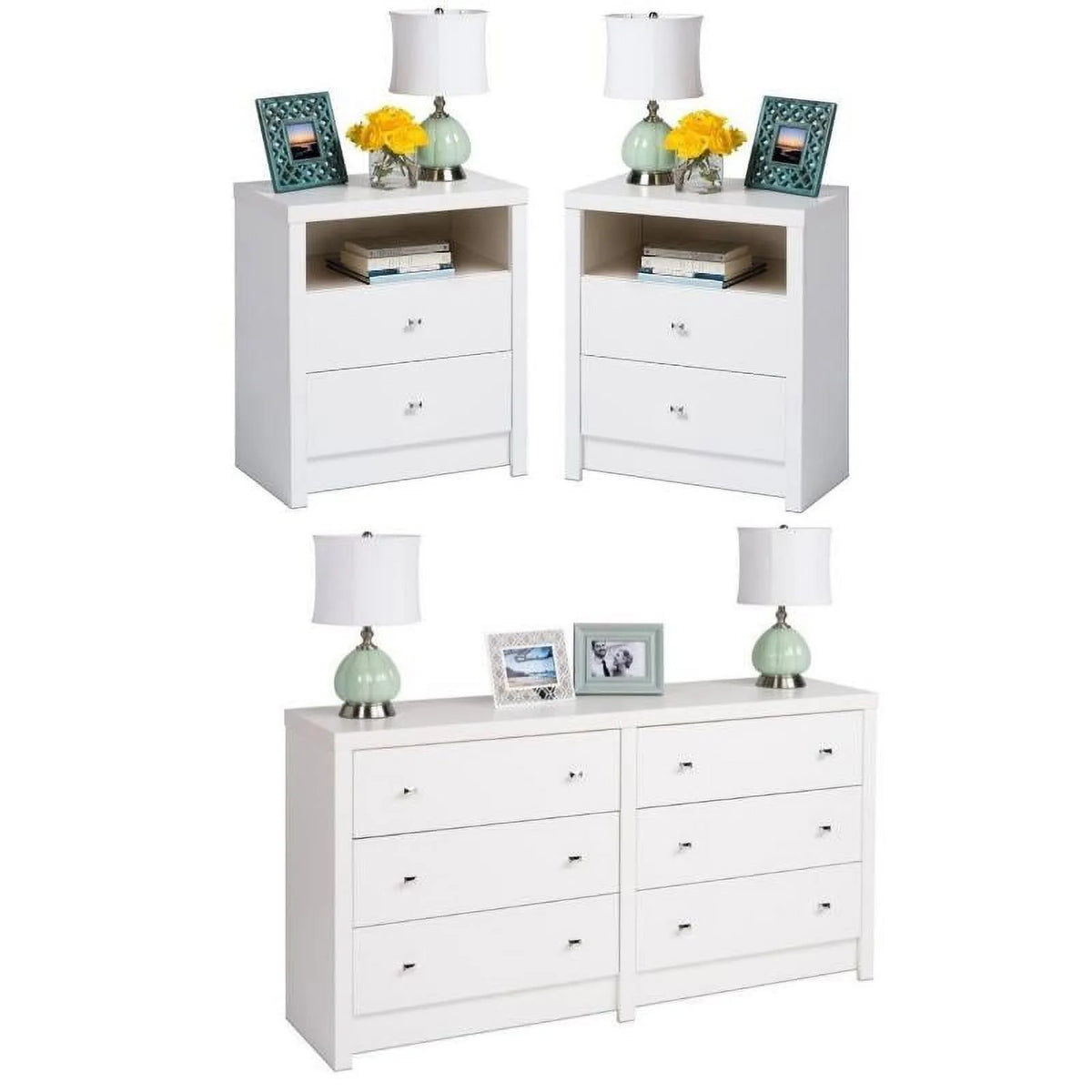 White 6-Drawer Dresser and 2 Nightstands W3431