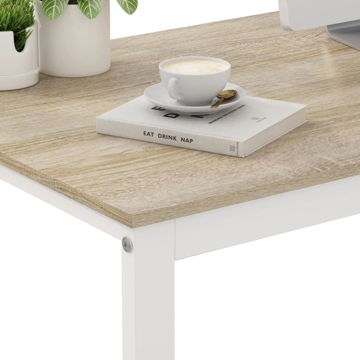 55 Inch L-Shaped Corner Desk with 3 Drawers and 2 Shelves, Walnut and White O511239