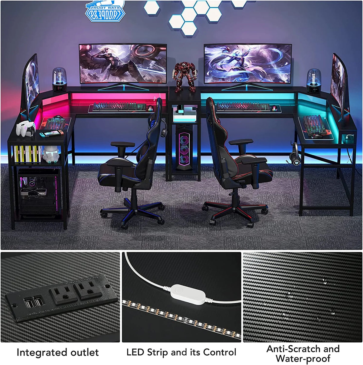 Black L-Shaped Gaming Desk with LED Strips L4134