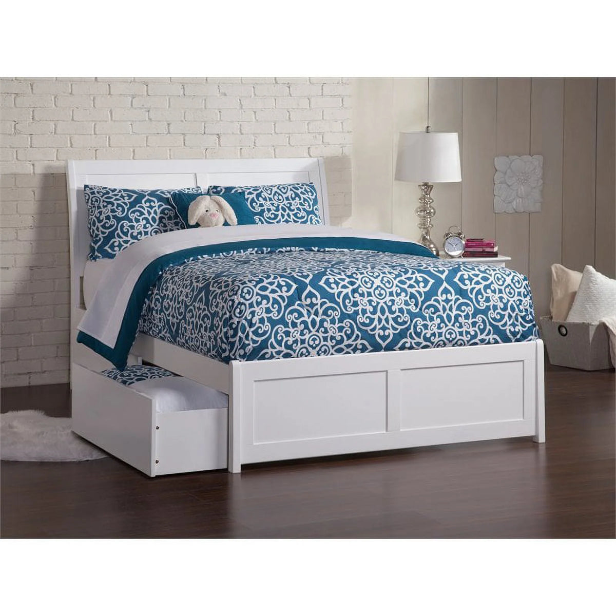 White Solid Wood Full Storage Platform Bed O2607