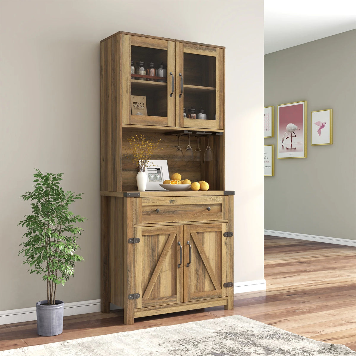 Farmhouse Kitchen Hutch Storage Cabinet with Glass Rack, Drawers, Adjustable Shelves S518334