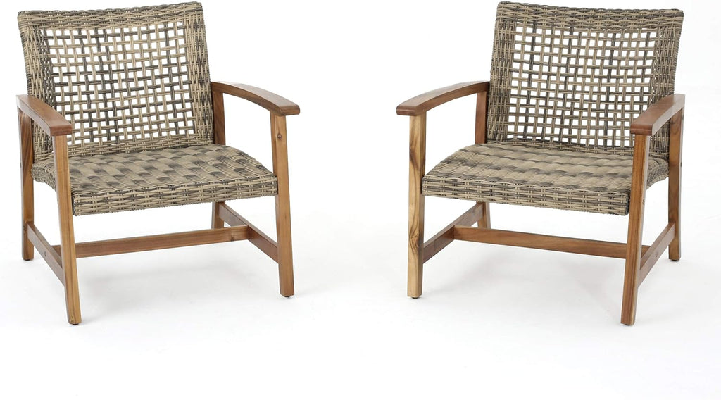 Natural Stained Grey Wicker Club Chairs with Acacia Wood Frame, 2-Pcs Set M655