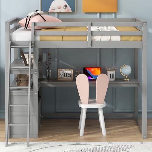 Twin Size White Solid Wood Loft Bed with Wardrobe, Desk and Shelves D202