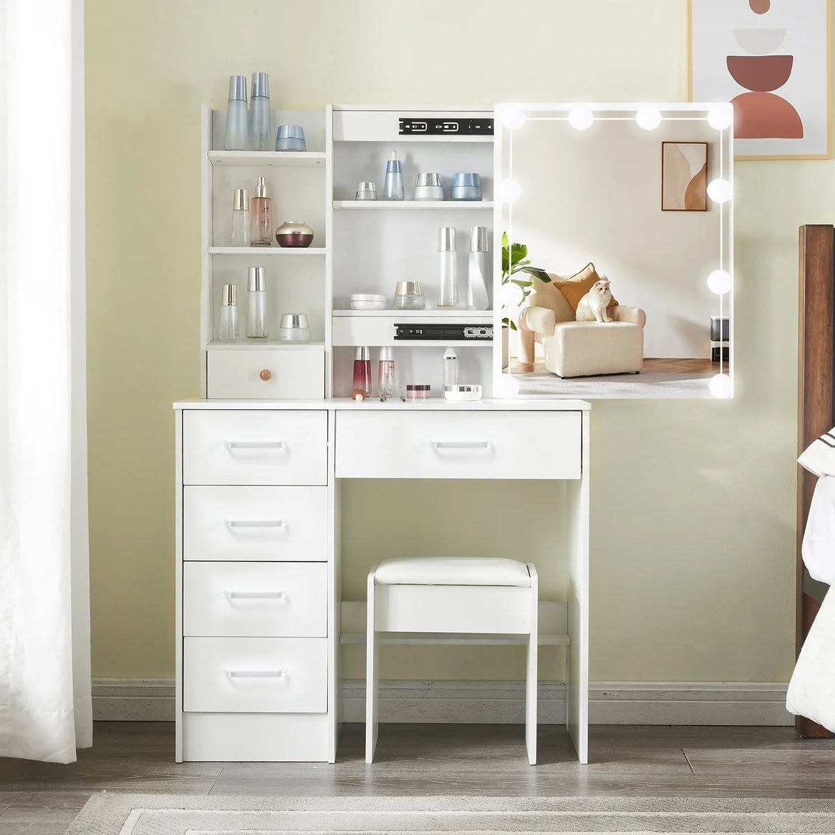 White Vanity Set with Lighted Mirror and Stool D9958