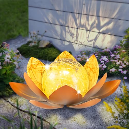 Solar Light Outdoor 2Pack Amber Crackle Glass Metal LED Flower Decoration L726