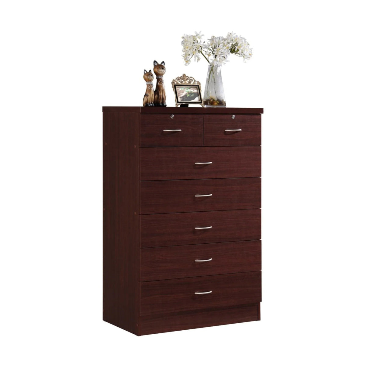 7 Drawer Wooden Jumbo Dresser Chest with 2 Top Locks, Cherry F9887