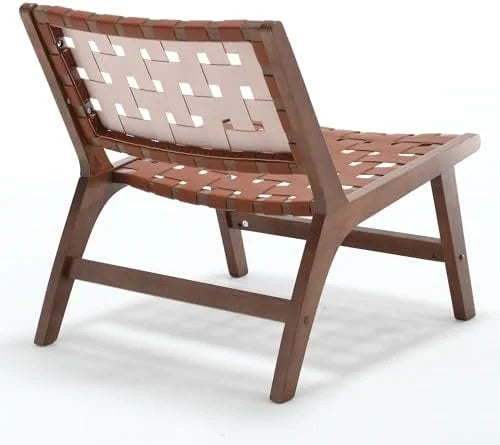 Set of 2 Woven Leather Mid Century Modern Accent Chair with Wood Frame F983392