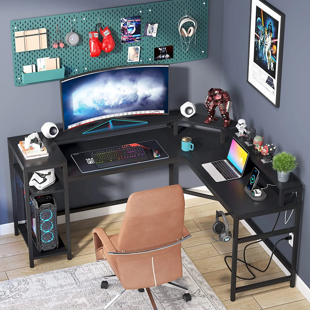 Black L-Shaped Gaming Desk with LED Strips L4134