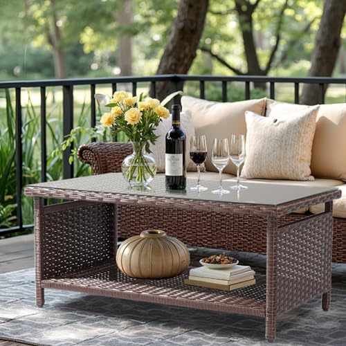 Brown Wicker Coffee Table with Storage F3705
