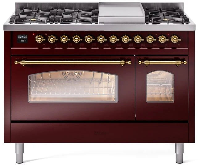 48 Dual Fuel Natural Gas Range in Burgundy with Brass Trim S980