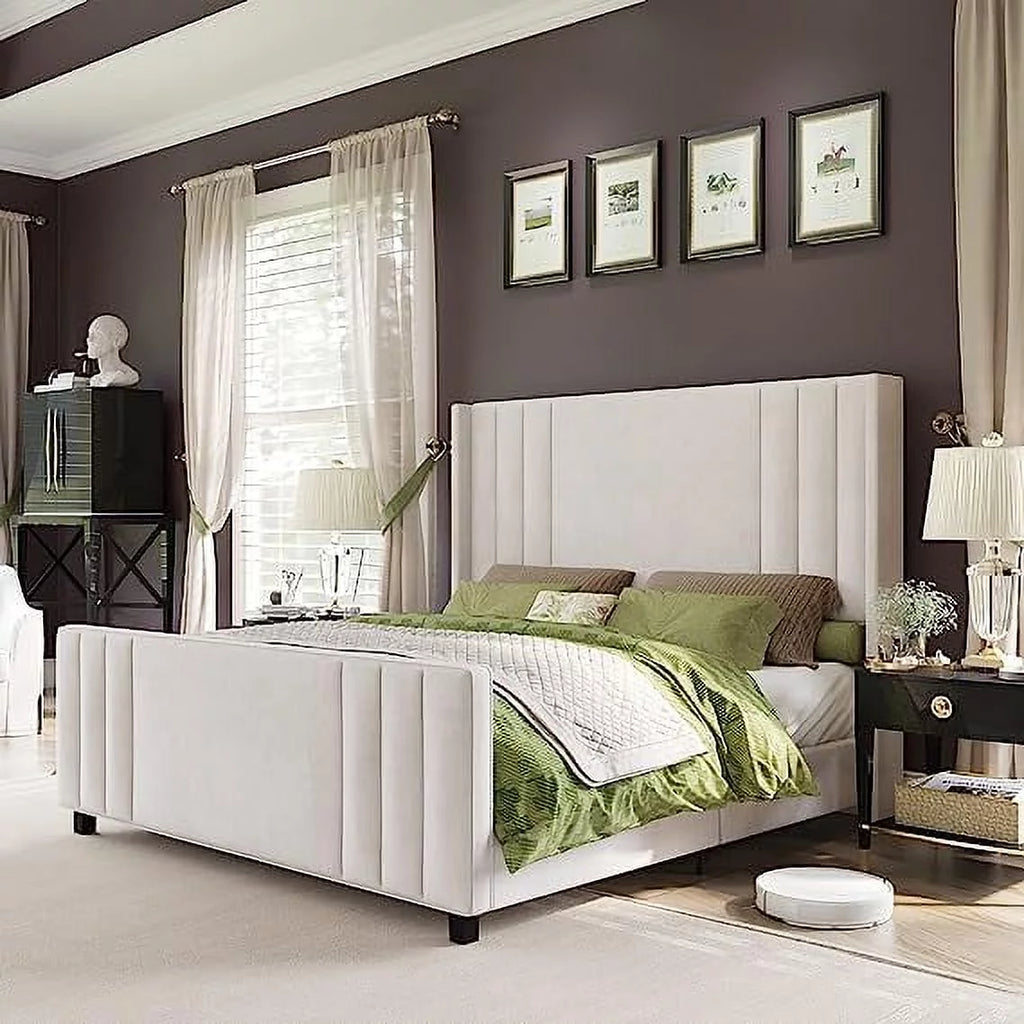 Velvet Upholstered Queen Size Bed Frame with Headboard J742238