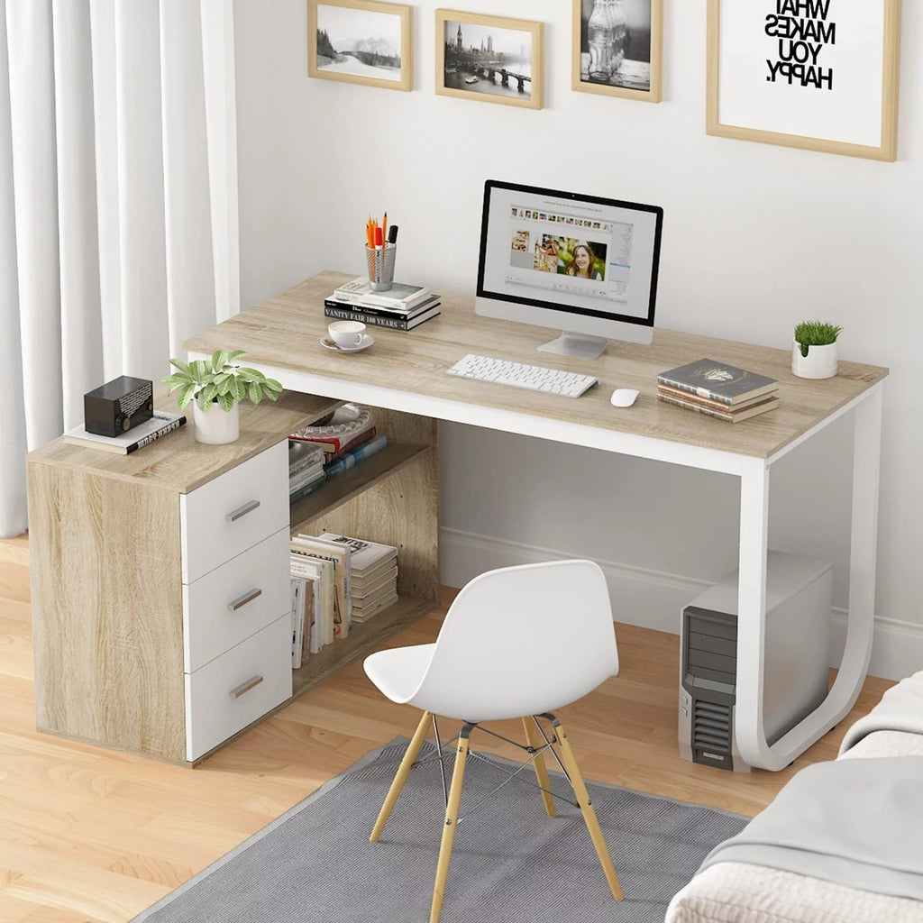 55 Inch L-Shaped Corner Desk with 3 Drawers and 2 Shelves, Walnut and White O511239