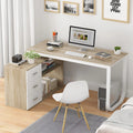 55 Inch L-Shaped Corner Desk with 3 Drawers and 2 Shelves, Walnut and White O511239