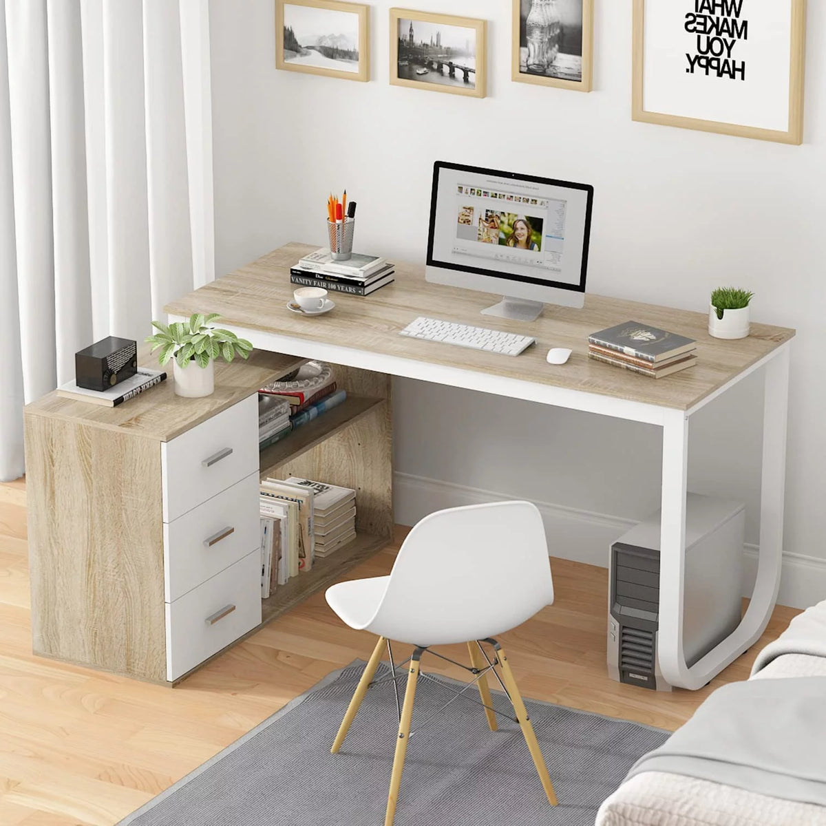 55 Inch L-Shaped Corner Desk with 3 Drawers and 2 Shelves, Walnut and White O511239