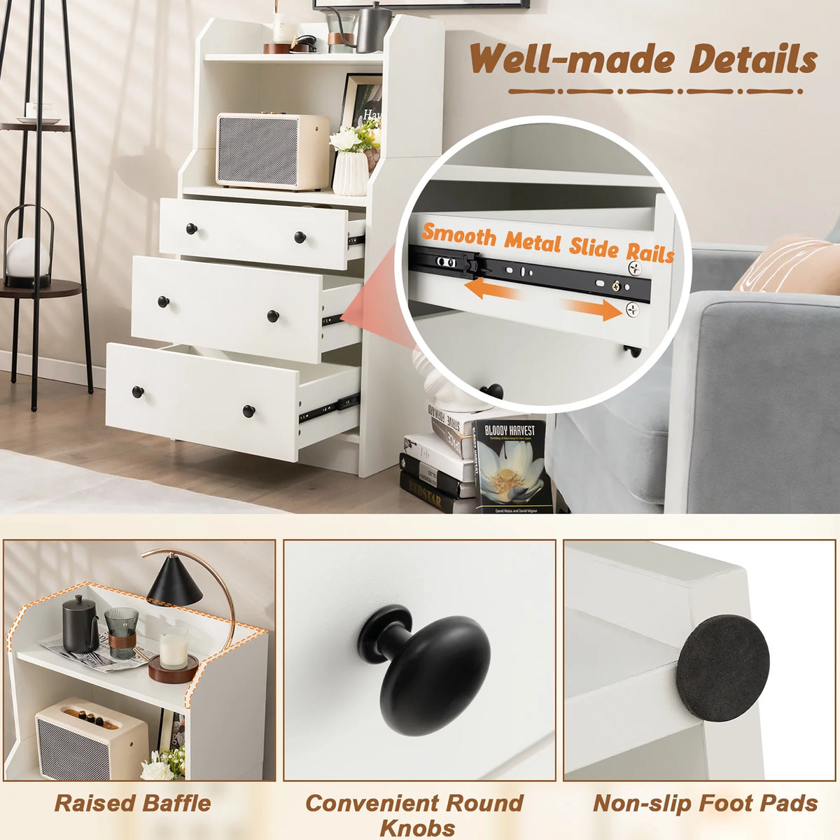 White 3 Drawer Wood Dresser with 2 Open Shelves B952