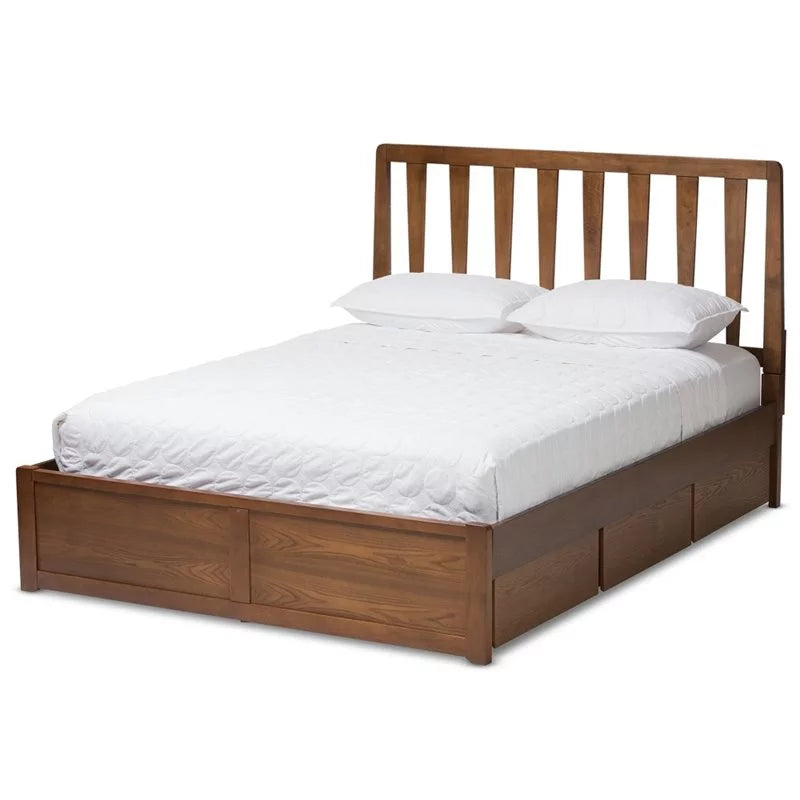 Queen Spindle Storage Platform Bed in Walnut Brown I649