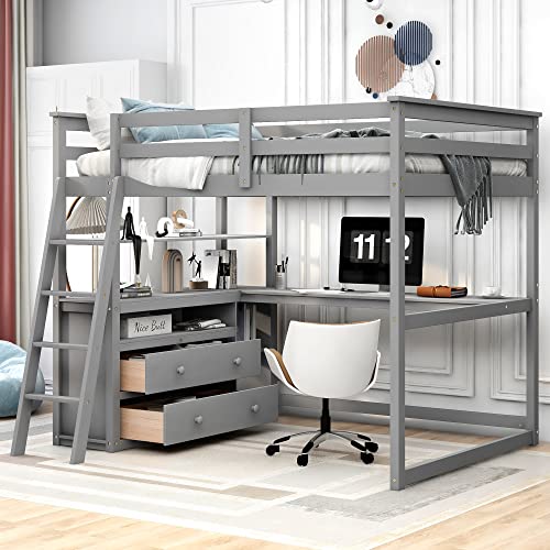 Twin Size White Solid Wood Loft Bed with Wardrobe, Desk and Shelves D202