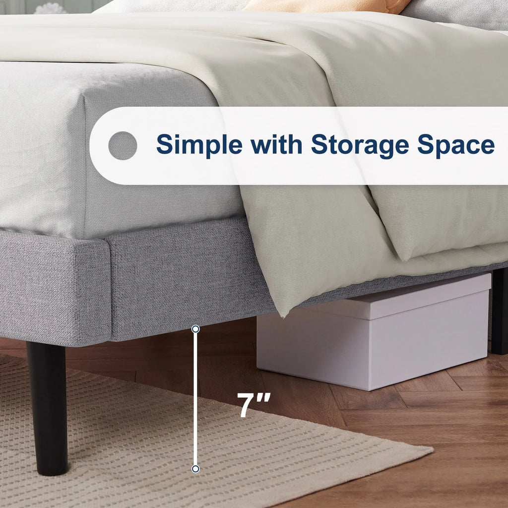 Full Platform Bed Frame with Upholstered Headboard, Beige T842126