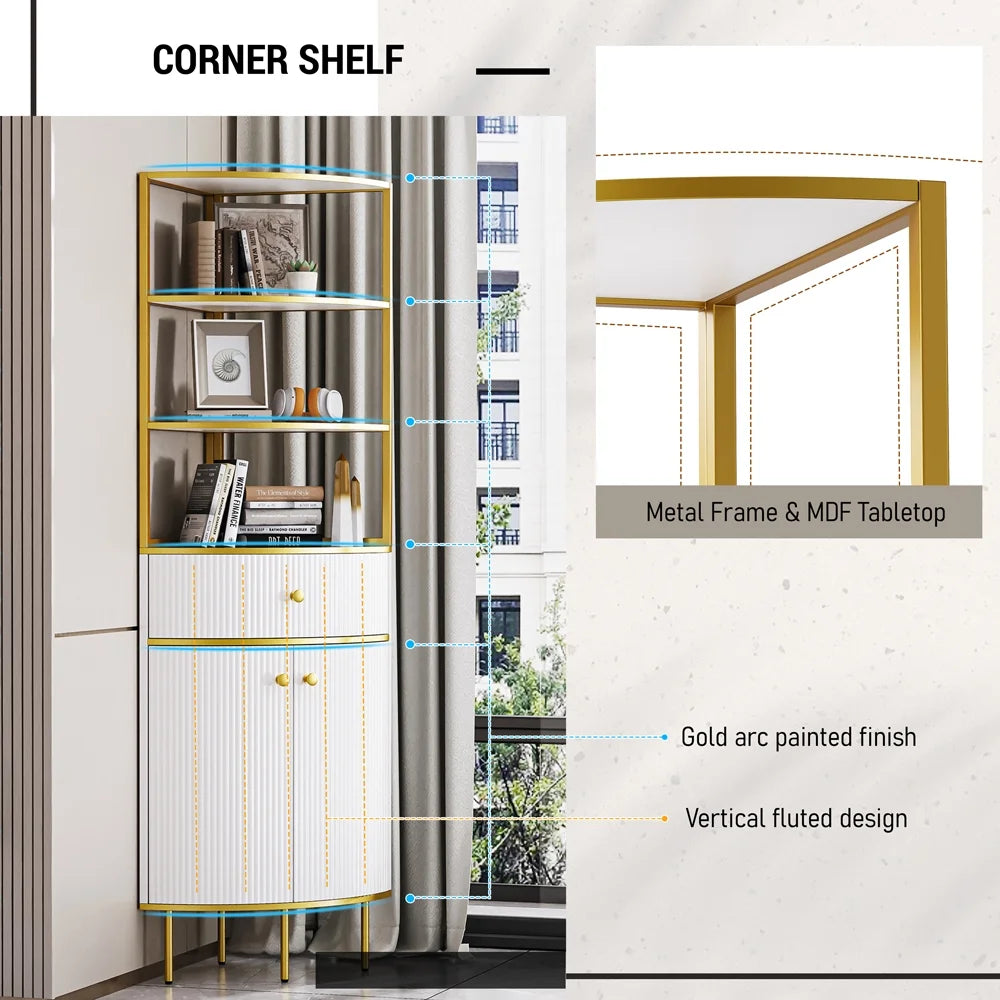 White Wooden Corner Bookshelf with 1 Drawer and 2 Doors G59005